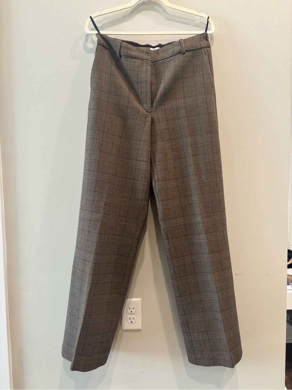 Aritzia Plaid Straight-Leg Trousers in Brown and Black